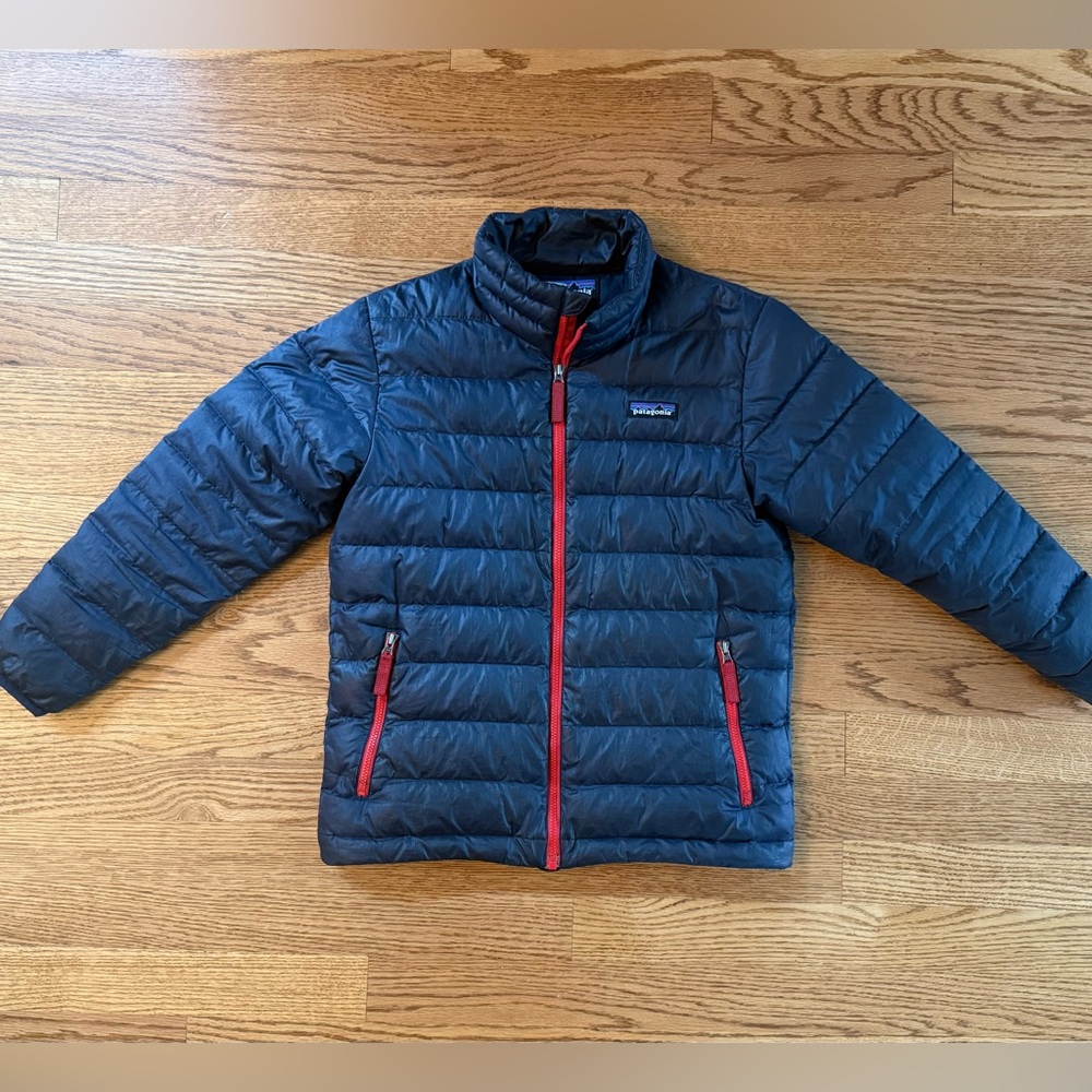 Patagonia kids down sweater, navy with red zipper, size S
